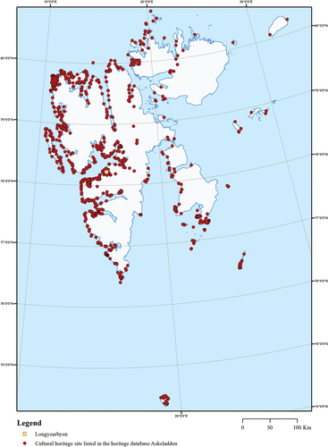 Figure 4. Cultural heritage sites in Svalbard listed in the Norwegian cultural heritage database, Askeladden. Map by Alma Thuestad, reproduced with permission.