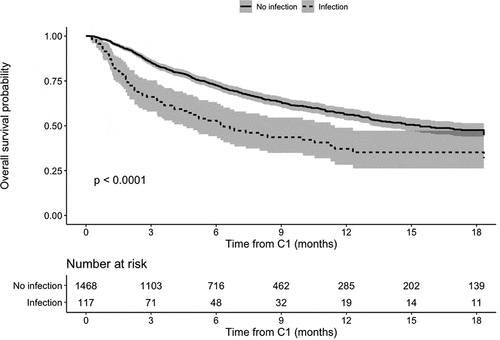 Figure 1. Overall survival according to the Kaplan-Meier method, main analysis (p-value from the Cox bivariate model)