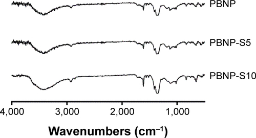 Figure S1 FT-IR spectrum of PBNP, PBNP-S5 and PBNP-S10.Note: The absorption peaks at 1,068 cm−1 and 1,194 cm−1 in the spectrum of PBNP-S5 and PBNP-S10 can be attributed to the presence of the sulfate group.Abbreviations: FT-IR, Fourier transform infrared spectroscopy; PBNPs, phenylboronic acid-rich nanoparticles; PBNP-S, sulfonate-modified phenylboronic acid-rich nanoparticles; PBNP-S5, PBNP-S at a weight ratio of 5%; PBNP-S10, PBNP-S at a weight ratio of 10%.