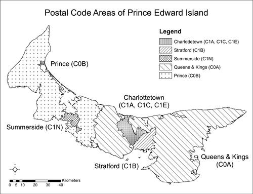 Figure 1 Five geographic regions of Prince Edward Island based on forward sortation area (first three characters of the postal code). Forward sortation area data were obtained from Statistics Canada, forward sortation area boundary data, 2011.
