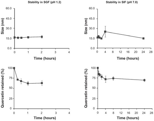 Figure 2 Stability of quercetin nanomicelles in simulated gastric fluid (SGF) and simulated intestinal fluid (SIF).