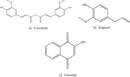 Figure 15. The significant chemical component (plant phytochemicals) contained in a) Mango ginger – Curcumin b) Cloves – Eugenol and c) Henna - Lawsone