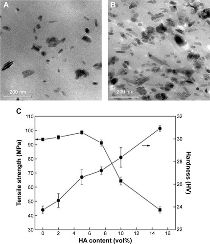 Figure 8 Transmission electron micrographs of PEEK-HA nanocomposites with (A) 5.0 vol% and (B) 15.0 vol% HA content. (C) Ultimate tensile strength and microhardness of PEEK-HA nanocomposites as a function of HA content.Note: The arrow in C means the micro-hardness of the nanocomposites. Reprinted from Mater Sci Eng A. Vol 528 (10–11). Wang L, Weng LQ, Song SH, Zhang ZG, Tian SL, Ma R. Characterization of polyetheretherketone–hydroxyapatite nanocomposite materials. 3689–3696; 2011, with permission from Elsevier.Citation108Abbreviations: HA, hydroxyapatite; PEEK, polyether-ether-ketone.