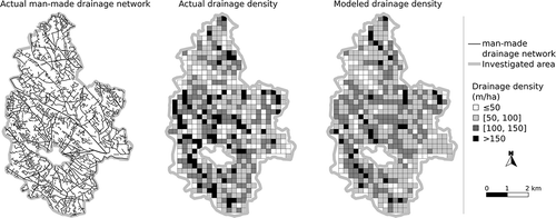 Figure 7. Maps of man-made drainage networks and of the actual and the modeled man-made drainage densities for the Peyne subcatchment.