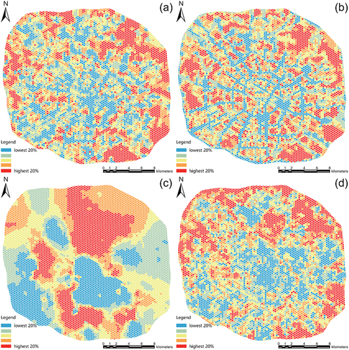 Figure 8. (a) pedestrian commuting GAI, (b) vehicular commuting GAI, (c) green space recreation GAI, (d) building visible greenery NDVI.