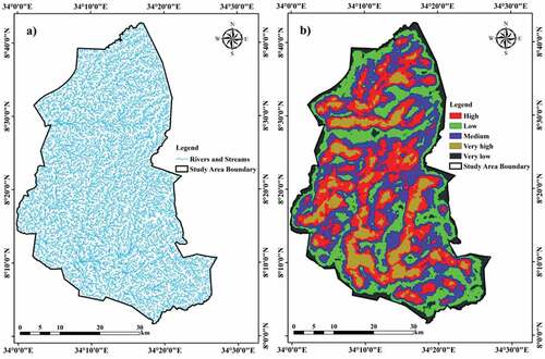 Figure 8. Drainage map (a), and reclassified drainage density map (b).