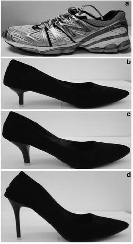 Figure 1. Experimental footwear (a trainer, b low heel, c medium heel, and d high heel).