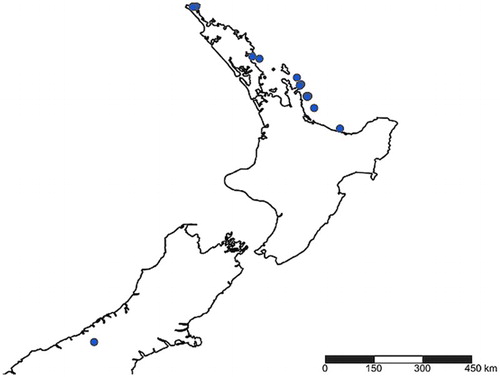 Figure 6. New Zealand collection localities for Coleosoma octomaculatum.