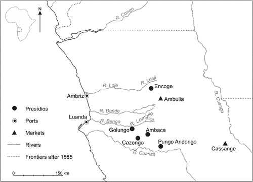 Figure 1. Northern Angola Map based on Carta de Angola contendo indicações de produção e salubridade, Lisboa 1885, https://purl.pt/1926/2/).