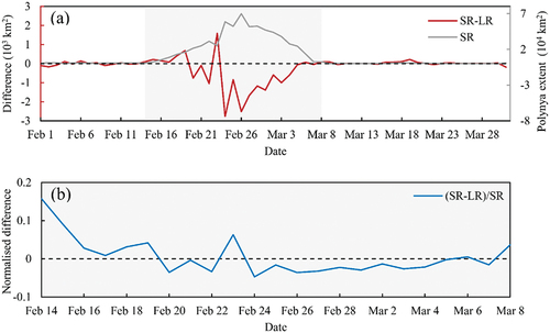 Figure 9. (a) time series of differences in the polynya extent oriented from LR-SIC and SR-SIC (red line), and the absolute value of the polynya extent from SR-SIC (grey line). And (b) shows the normalized difference from 14 February to 8 March marked by the grey shading, belonging to the opening period of polynya.