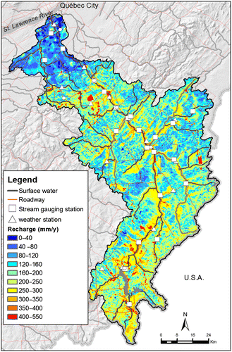 Figure 3. Spatial distribution of the annual recharge rate predicted with the Hydrologic Evaluation of Landfill Performance (HELP) model, together with the locations of gauging and weather stations.