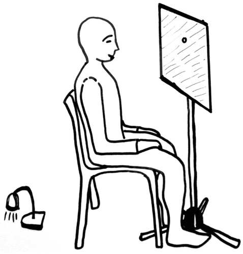 Figure 1. Set-up of mirror-fixation and panel-fixation. The 4-mm hole was used as fixation point for the participant’s task of staring at the hole. The square surface was either a glass mirror (in the mirror-fixation experimental condition) or a gray non-reflective panel (in the panel-fixation control condition). Behind the hole a micro-camera was mounted for monitoring the participant’s correct fixation and for measuring eye-blink rate (EBR).