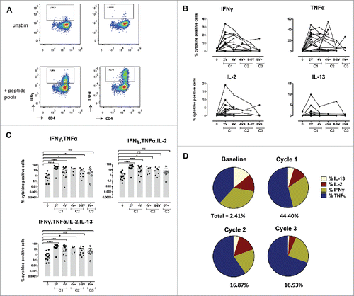 Figure 3. Specific CD4+ T-cell responses before and after vaccination with NY-ESO-1 LSP. (A) Representative example of a NY-ESO-1-specific CD4+ T-cell response 14 d after IVS. Cytokine secreting cells are enumerated after 6-h challenging of the expanded cells with the NY-ESO-1 pool of overlapping peptides, or without any peptide as control. (B) Details of longitudinal NY-ESO-1-specific CD4+ T-cell responses (IFNγ, TNFα, IL2, and IL-13) measured individually in each patient before and during vaccination. (C) Polyfunctionality of NY-ESO-1-specific CD4+ T-cell responses assessed as IFNγ+TNFα+, or IFNγ+TNFα+IL-2+, or IFNγ+TNFα+IL-2+IL-13+ cells, measured individually in each patient before and during vaccination. (D) Quantification of the contribution of each individual cytokine (IFNγ, TNFα, IL-13, and IL-2) to the NY-ESO-1-specific CD4+ T-cell responses, before and during vaccination. The mean of the response for each cytokine is shown for all patients grouped as % of the total response (that is defined as 100%). The magnitude (mean for all patients grouped) of the total response at each time point is indicated on the bottom of each pie.