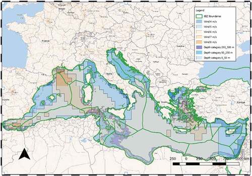 Figure 6. Overlap between the depth categories and the areas at different annual average wind speed