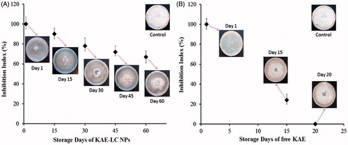 Figure 10. Effect of KAE-LC NPs and pure KAE on the radial growth of Fusarium oxysporium in time dependent manner. All determinations were performed in triplicate and the results expressed as mean ± standard deviation.