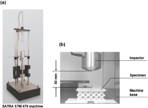 Figure 15. (a) Equipment and (b) experimental setup for the falling mass shock absorption tests used in (Jhou, Hsu, and Yeh Citation2021).