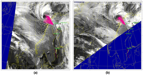 Fig. 4. AVHRR (Advanced Very High-Resolution Radiometer) imagery, plus direction of arrival of the infrasound detections and duration of the signal for 19 November 2008 at (a) 01:38 UTC; (b) 04:59 UTC. (Note that the arrow at Uppsala indicates the arbitrary scale of 100 s). The length of the arrows is scaled to the duration of the detection plus 100 s.