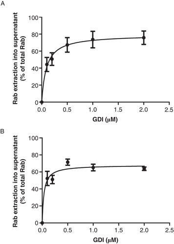 Figure 4. Extraction of (A) EGFP-Rab1a and (B) EGFP-Rab5a from HEK293A membrane fractions into the soluble fraction with increasing amount of GDIα. Freshly prepared EGFP-Rab membrane fractions containing 0.6 μM EGFP-Rab were incubated with the indicated concentrations of GDI, followed by separation of the membrane and soluble fractions by ultracentrifugation and quantification of the EGFP fluorescence of both fractions. The percentage of extracted Rab is given by the ratio of the EGFP fluorescence in the supernatant and the total EGFP fluorescence of both fractions.