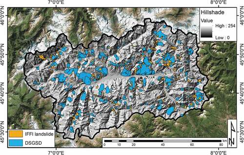 Figure 1. Geographical localization and hillshade model (derived from a 10 m DEM) of the Valle d’Aosta Region. The landslide contours and the DSGSD are included in the IFFI catalogue of VdA. The map is overlaid on a ESRI World Imagery map