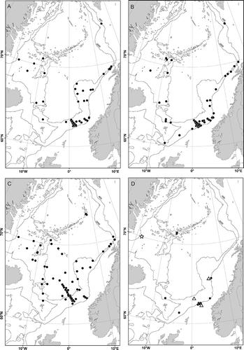 Figure 7. Maps of the Nordic Seas with records in present study. A, Ophelina abranchiata Støp-Bowitz, Citation1948; B, Ophelina cylindricaudata (Hansen, Citation1879); C, Ophelina opisthobranchiata Wirén, Citation1901; D, Ophelina helgolandiae Augener, Citation1912 (•), Ophelina brattegardi sp. nov. (Display full size) and Ophelina ‘B’ (Δ).