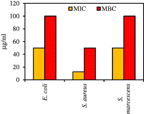 Figure 9. Results of MIC/MBC assays for pathogenic bacteria under treatment of Fe3O4 NPs.