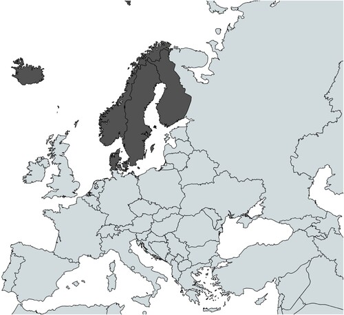 Figure 2. The participating Nordic countries (dark grey) (map created using the open-source MapChart, https://www.mapchart.net/).