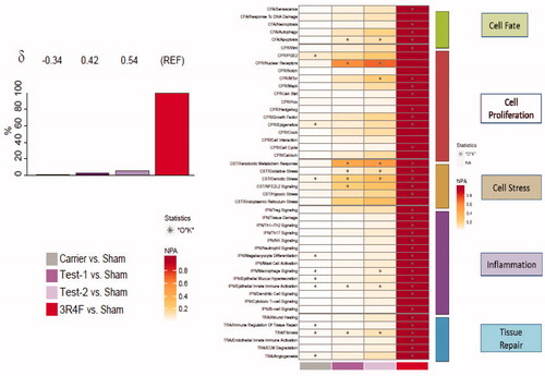 Figure 3. Biological impact factor (BIF) and network perturbation amplitude (NPA). (A) BIF scores: the percentages give the relative biological impact, which is derived from the cumulated network perturbations caused by the treatment relative to the reference (the treatment showing the highest perturbation; here 3R4F as REF). Only the significant network perturbations are summarized further into this single number; hence, any component entering the score is significant by definition. For each treatment comparison, the δ value (−1 to 1) indicates how similar the underlying network perturbations are with respect to the reference. A value of 1 indicates that all the networks are perturbed by the same mechanisms. (B) Heatmap NPA scores: summary of subnetworks. A network is considered perturbed if, in addition to the significance of the NPA score with respect to the experimental variation, the two companion statistics (O and K), derived to inform on the specificity of the NPA score with respect to the biology described in the network, are significant. *O and K statistic p values below .05 and NPA significant with respect to the experimental variation.
