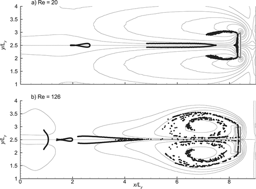 Figure 5. Dispersion patterns of resuspended particles superimposed to the vorticity flow field produced by the motion of the plate (shown in grey), for a) Re = 20 and b) Re = 126. y/Ly = 2.5 represents the axis of symmetry of the moving plate.