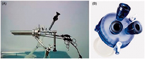 Figure 5. (A) Buess operation rectoscope and specially designed instrumentation (Richard Wolf gmbh, Knittlingen, Germany) for Transanal Endoscopic Microsurgery – TEM; (B) Gel-point path® transanal platform (Applied Medical, Rancho Santa Margarita CA, USA), a disposable device for TransAnal Minimal Invasive Surgery – TAMIS.