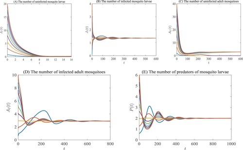 Figure 4. Assume that the parameters in system (Equation2(2) {dJUdt=12βAUAUAU+AI−[d0+d1(JU+JI)]JU−αJU−cmJUJU+aP:=f~1(JU,JI,AU,AI,P),dJIdt=12βAI−[d0+d1(JU+JI)]JI−αJI−cmJIJI+aP:=f~2(JU,JI,AU,AI,P),dAUdt=αJU−μAU:=f~3(JU,JI,AU,AI,P),dAIdt=αJI−μAI:=f~4(JU,JI,AU,AI,P),dPdt=mJUJU+aP+mJIJI+aP−δP:=f~5(JU,JI,AU,AI,P),(2) ) are defined the same as in Example 3.3. Then the conditions for Theorem 3.4 are satisfied, and there exists six equilibria: E~0,E~1,E~2,E~3,E~4 and E~∗. Moreover, equilibria E~0,E~1,E~2 and E~∗ are unstable, equilibria E~3 and E~4 are asymptotically stable.