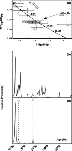 Figure 15 (a) Tera – Wasserberg concordia plot for zircon U – Pb SHRIMP data in Parnell Formation gneiss 200218.2005; (b, c) age probability comparison of (b) Parnell Formation gneiss 200218.2005 with (c) Parnell Formation sample 8618.2005 (Page & Laing Citation1992).