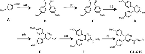 Scheme 1. Synthesis pathway for the preparation of triazine derivatives. Reagents and conditions: (a) thiamine hydrochloride, NaOH, EtOH, reﬂux, 3 h; (b) HNO3, 60 °C; (c) thiosemicarbazide, CH3COOH, reﬂux, 3 h; (d) CH3I, NaOH, EtOH, 2 h, rt; (e) NH2NH2·H2O, EtOH, reﬂux, 12 h; (f) ArCHO, EtOH, 1–10 h, rt.