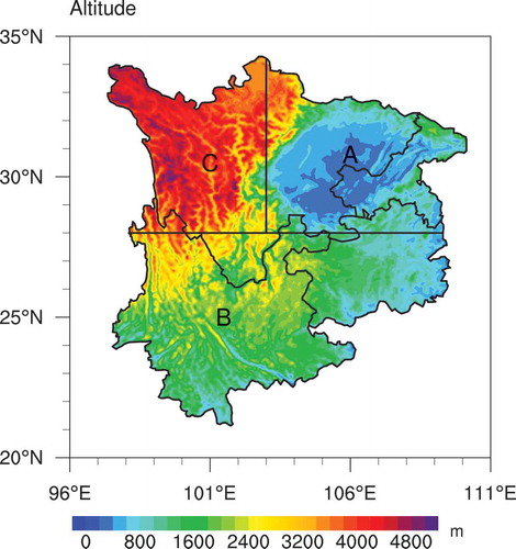 Figure 1. Location of Southwest China, along with the altitude (units: m) and the regional division applied in this study.