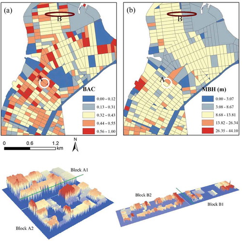 Figure 11. Block-scale building landscape metrics: (a) building area coverage (BAC); and (b) mean building height (MBH)