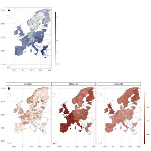 Figure 7. Populist radical right sentiments (A) and change in workplace activity during the COVID-19 pandemic (B) in regions of Europe.Note: Regions and countries with missing data are marked with white.