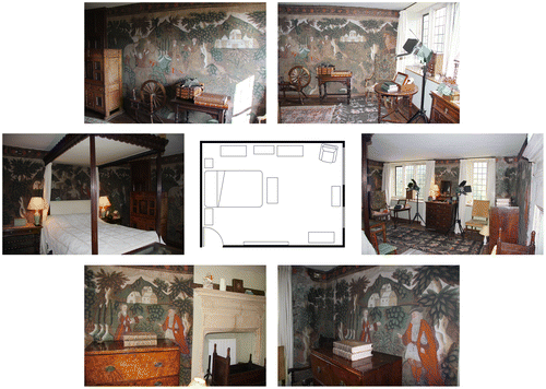 Fig. 1. Queen Margaret’s Chamber, Owlpen Manor, Gloucestershire, with insets showing details of the contents and painted cloths, early eighteenth century.