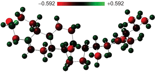 Figure 6.  Excess (Mulliken) charge on atoms of β-sitosterol molecule (DFT/6-31G* result).