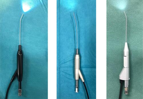 Figure 9 Dacryoendoscope with an anteriorly bent-tip probe and a curve-tipped probe. Left: CK10® (FiberTech Co., Ltd., Tokyo, Japan); external diameter, 0.9mm; field of view, 60°; image quality, 10,000 pixels. Middle: CH15C® (FiberTech Co., Ltd., Tokyo, Japan); external diameter, 0.82 mm; field of view, 70°; image quality, 15,000 pixels. Right: LAC-06-FY® (Machida Endoscope Co., Ltd., Chiba, Japan); external diameter, 0.9 mm; field of view, 65°; image quality, 10,000 pixels.