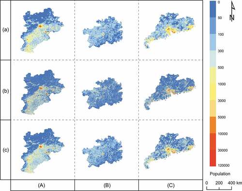 Figure 2. Distribution maps of the gridded population in the study area: (A) BTRG, (B) Guizhou Province, (C) Guangdong Province; (a) GPW4, (b) LandScan, and (c) WorldPop.