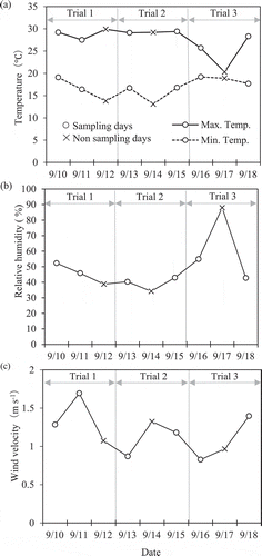 Figure 2. (a) Daily maximum and minimum temperatures during observation period, (b) RH (%) at the time of maximum temperature, and (c) average wind velocity (m s−1) around flowering time (10:00–12:00 h) during the observation period. ○ indicates sampling days and × indicates non-sampling days due to rain.