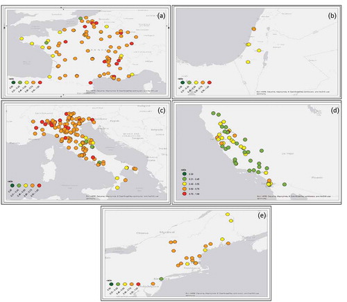 Figure 4. Spatial distribution of the annual mean (2011) PM ratio in (a) France, (b) Israel, (c) Italy, (d), SJV, CA, and (e) NE-USA. Green symbols represent a dominant coarse fraction, orange-red symbols represent dominant fine fraction, and yellow symbols represent an approximately equal share of the PM fractions.
