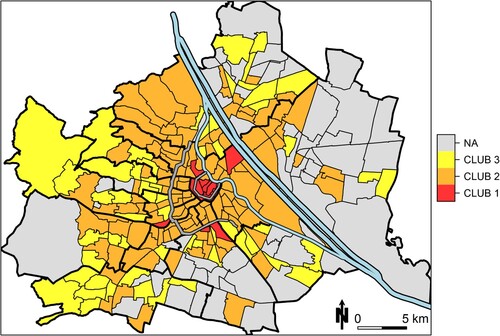 Figure 2. Private rent price convergence clubs of Viennese subdistricts. Map also depicts the Danube (lightblue) and the Ringstraße as well as the Gürtel (darkgrey) as geographic references.