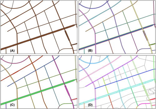 Figure 14. The implementation process of BGRC in Zhengzhou dataset. The multilane road meshes (subfigure (a)) are first clustered and merged using algorithm A (subfigure (B)), and then processed by algorithm B (subfigure (C)). the object-level extraction results of multilane roads are represented in subfigure (C) by various colors.