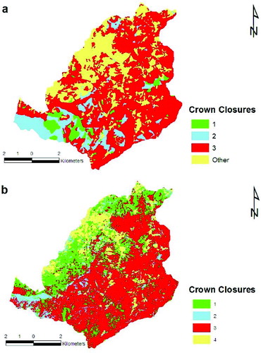 Figure 5. Crown closure map produced from (a) forest cover type map and (b) QuickBird image.