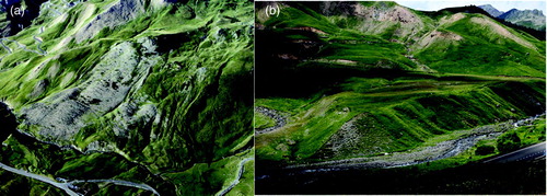 Figure 1. (A) Landslide n. 31. Slate flows partially mantled by andesite boulders derived from the upper free-face scarp and subsequently transported downslope by the displacement of the underlying slates. Arrow points to an infilled lacustrine basin generated when the landslides blocked the Gállego River. (B) Dissected lacustrine terraces upstream of landslides 21 and 67.