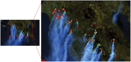 Figure 49. At left, portion of the image shown in Figure 48, radiometrically calibrated into top-of-atmosphere reflectance (TOARF) values. Moderate Resolution Imaging Spectroradiometer (MODIS) image acquired on August 23, 2007, at 9.35 (CEST), covering Greece, depicted in false colors (monitor-typical channel R = MODIS band 6 in the Middle Infrared, channel G = MODIS band 2 in the Near Infrared, channel B = MODIS band 3 in the Visible Blue), spatial resolution: 1 km, radiometrically calibrated into top-of-atmosphere reflectance (TOARF) values, where an Environment for Visualizing Images (ENVI, by L3Harris Geospatial) standard histogram stretching was applied for visualization purposes. At right, Map Legend – Red: fire pixel detected in both the traditional MODIS Fire Detection (MOFID) algorithm and the SOIL MAPPER-based Fire Detection (SOMAFID) algorithm, an expert system for thermal anomalies detection (Pellegrini, Natali, & Baraldi, Citation2008). White: fire pixel detected by SOMAFID, exclusively. Green: fire pixel detected by MOFID, exclusively.