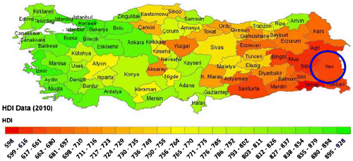 Figure 5. HDI of provinces in Turkey, showing one measure of coping capacity (CEDIM Citation2011).
