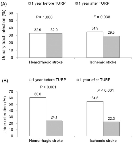 Figure 4. UTI and UR rates during 1 year before and after TURP in ischemic and hemorrhagic stroke groups.