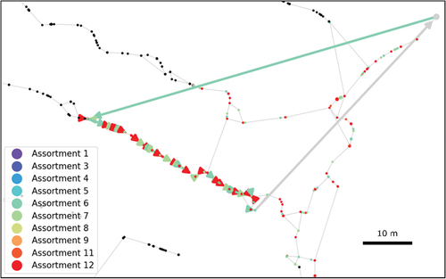 Figure 15. When minimizing ground damage, the optimized routes often displayed working patterns where the forwarder picks up piles while approaching the landing. This is a way of decreasing the total soil damage created.