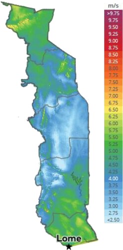 Figure 7. Wind map of Togo (Source: GlobalWind Citation2019).